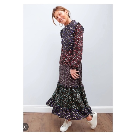 RIXO Billie Dress High Neck Long Sleeve Tiered Polka Dot Maxi Dress Small - Picture 3 of 11